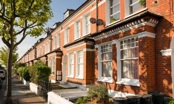 A row of Victorian terraced houses on an English street, the kind of family home that often forms the largest part of an intestate estate.